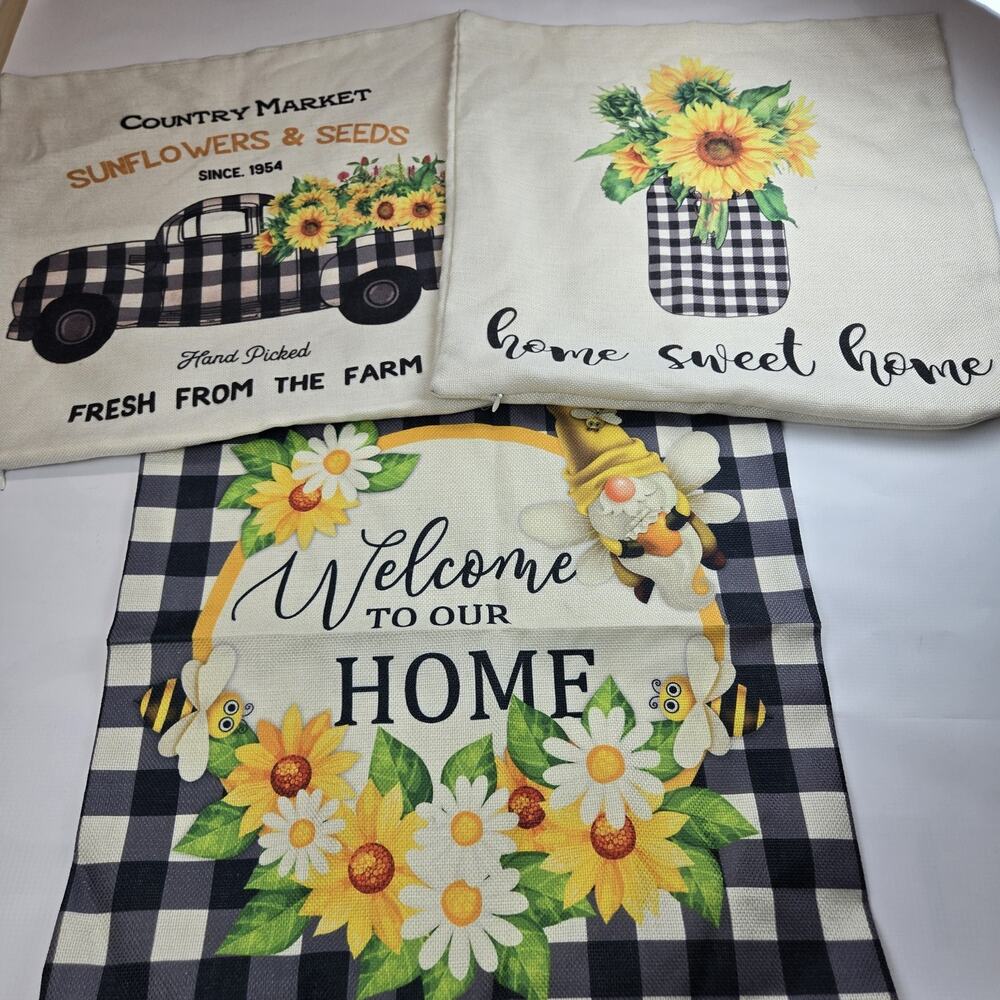 Lot of 3 Square Throw Pillow Covers Farmhouse‎ Sunflower Gingham Black 18x18